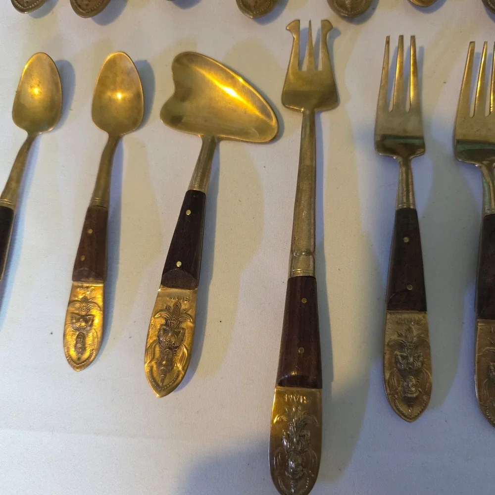Vintage Siam Bronze Wood Flatware Set 28pc Thai Deity Brass Mid Century Modern‎